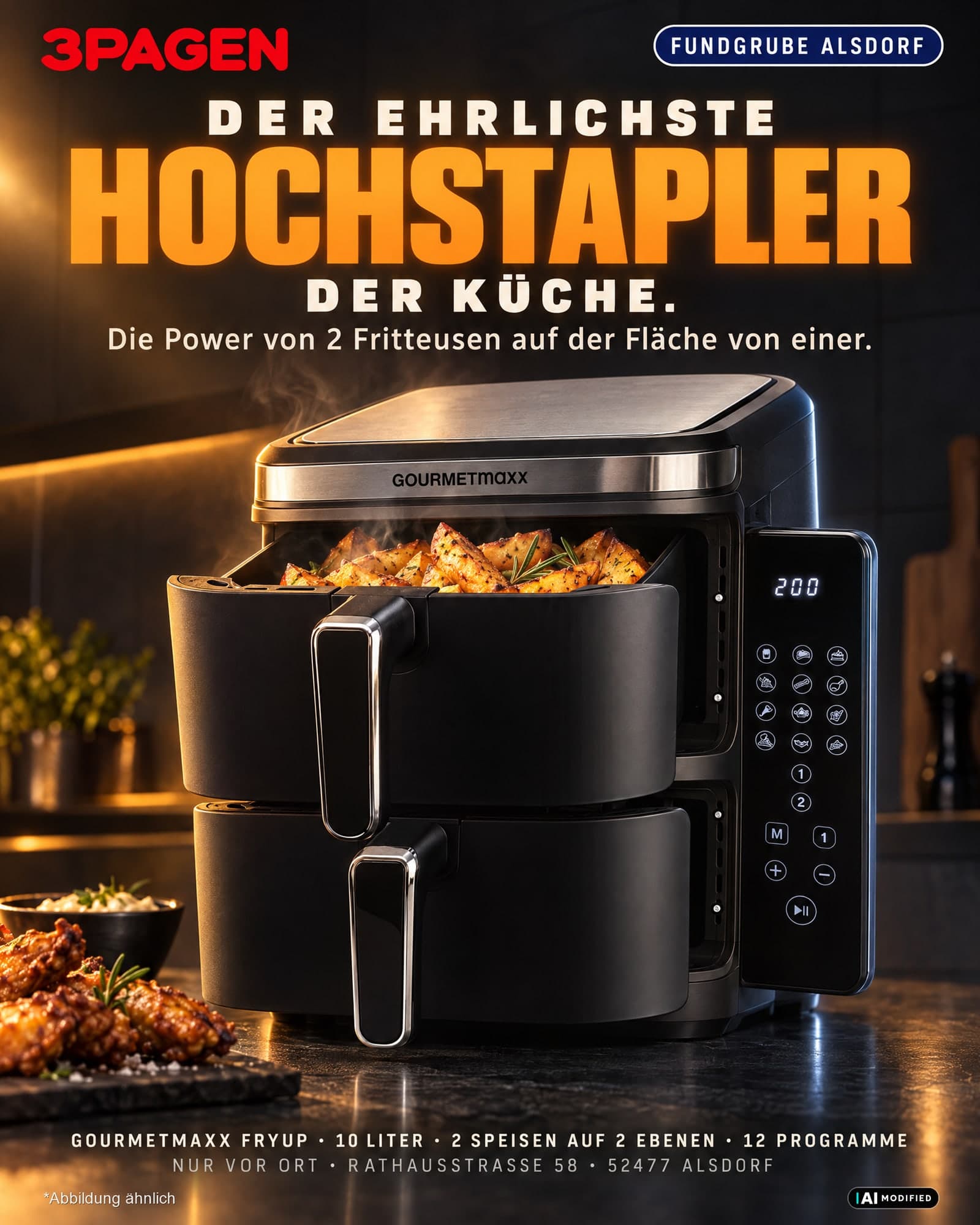 Werbeanzeige der 3PAGEN Fundgrube Alsdorf: „Der ehrlichste Hochstapler der Küche.“ – Heißluftfritteuse mit zwei übereinanderliegenden Körben